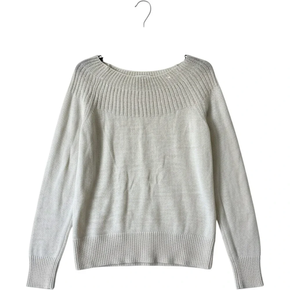 Apt. 9 Womens Cream Sequin Ribbed Boat Neck‎ Metallic Knit Sweater Large Ivory